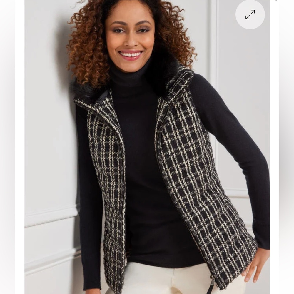 NWT Talbots FAUX FUR COLLAR DOWN PUFFER VEST Plaid Houndstooth